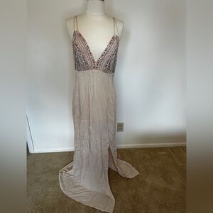 Boho V-Neck Maxi Dress in Neutral Beige with Patterned Bodice
